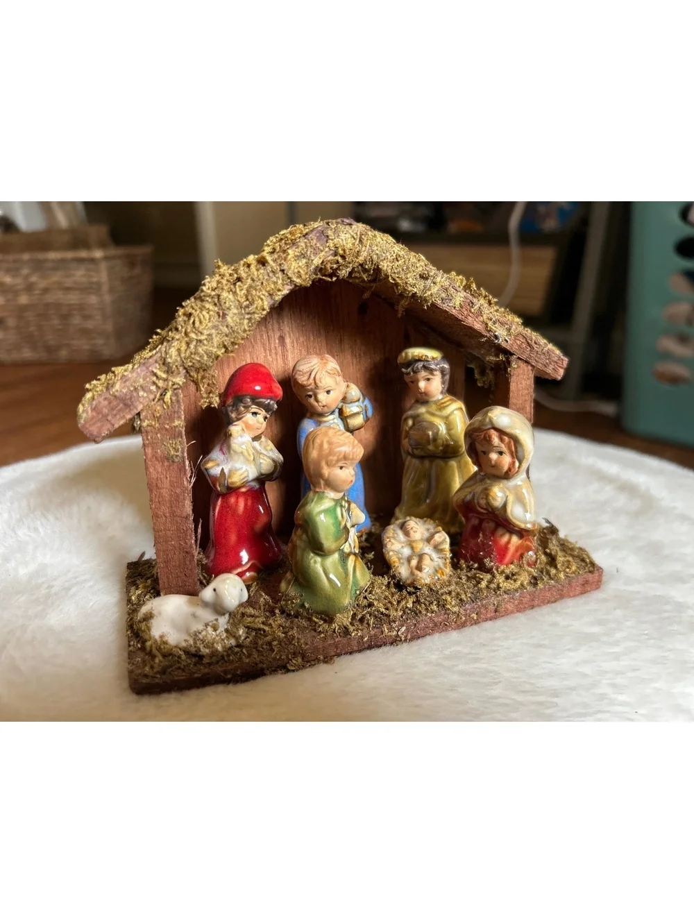Vintage Miniature Nativity Scene Figurine Set with Wooden Stable